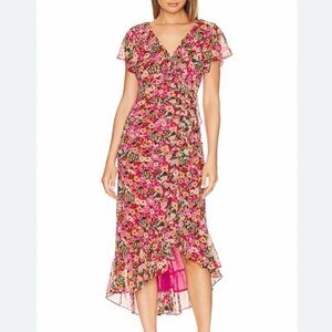 Astr Revolve midi pink floral ruffle dress